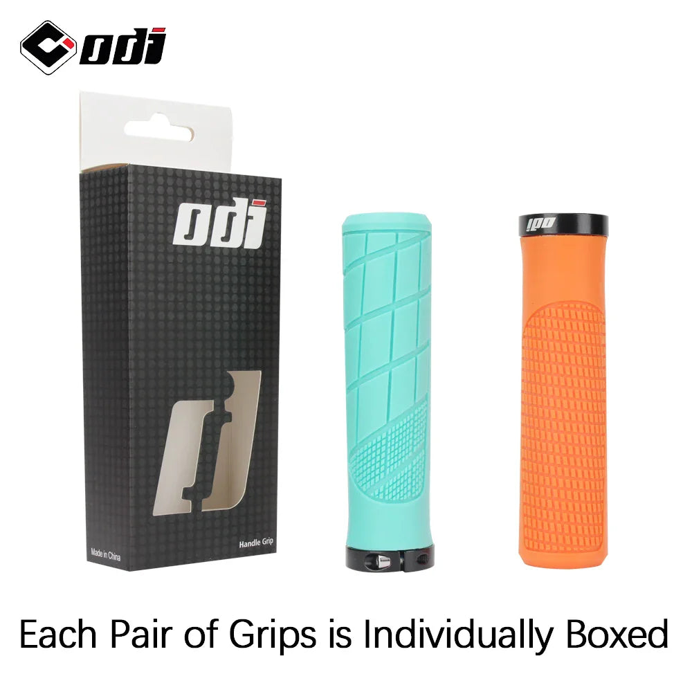 Coloured bicycle handlebar grips displayed next to their individual black retail boxes