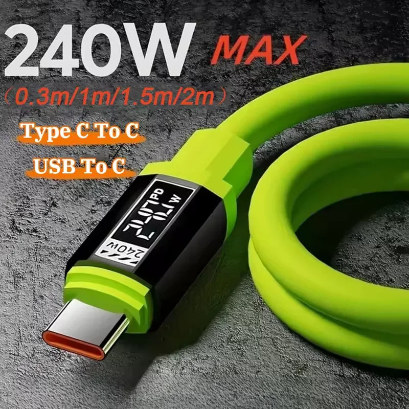 Green USB-C fast charging cable with a digital power display on the connector plug.