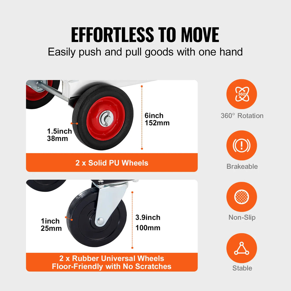 Close-up of hand truck wheels with technical specifications and feature icons