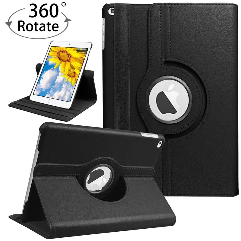 Black faux leather tablet case with 360-degree rotation feature, showing front and back views.