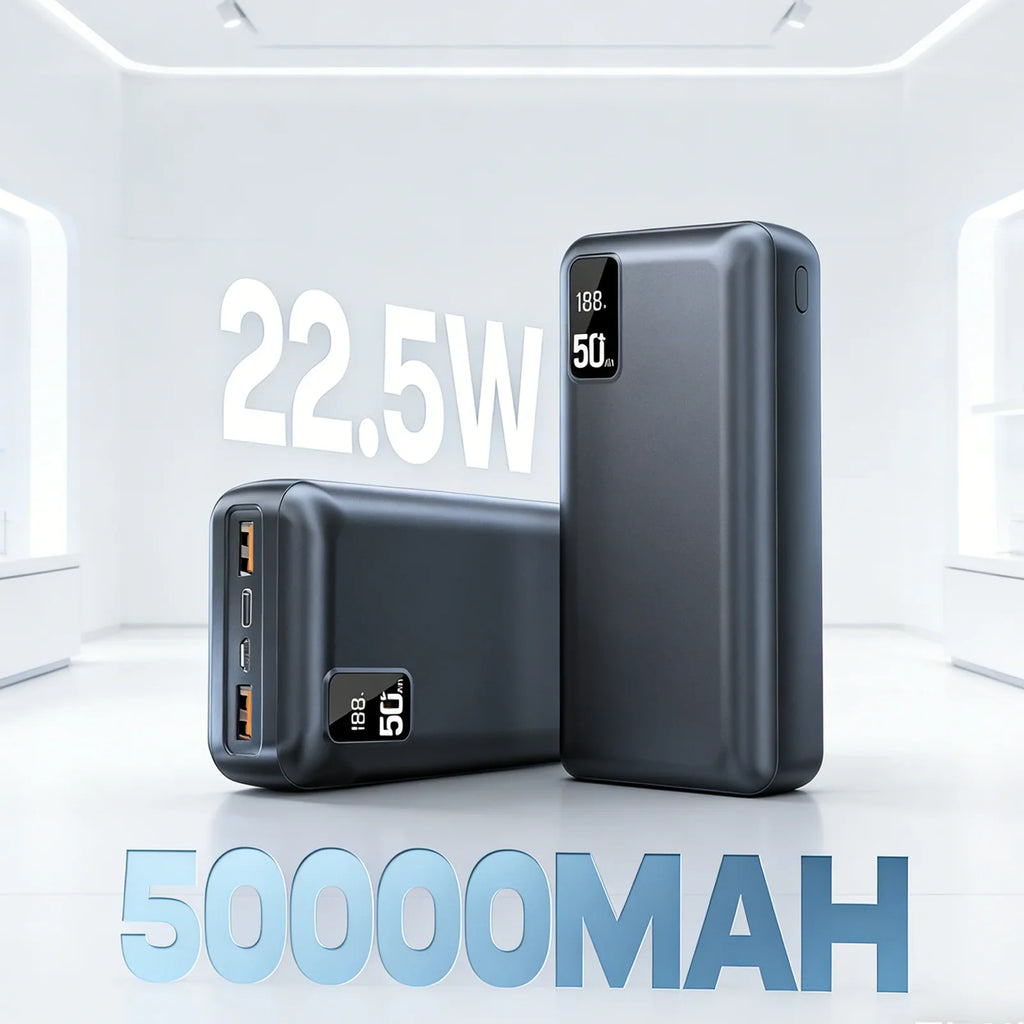 Portable power bank with digital display, 50000mAh capacity, matte black finish