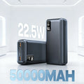 Portable power bank with digital display, 50000mAh capacity, matte black finish