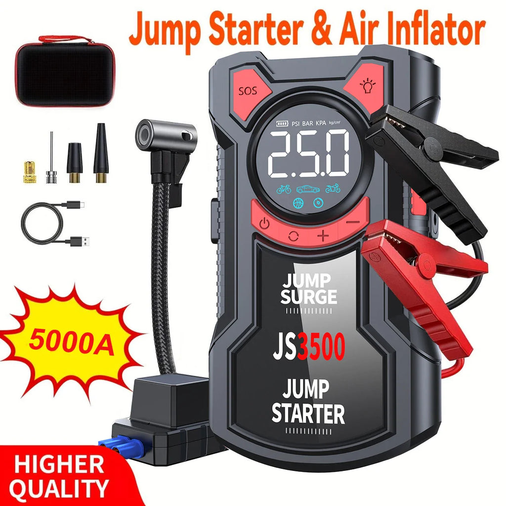 5-in-1 portable battery jump starter and air compressor kit with accessories and carrying case