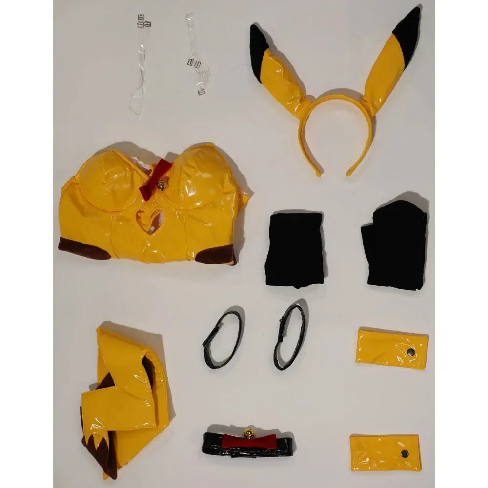 Complete cosplay set including yellow bodysuit, mouse ears headband, brown tail, black stockings, arm cuffs, choker and