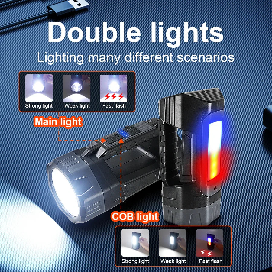 Tactical flashlight demonstrating multiple lighting modes including main beam and side COB light features.
