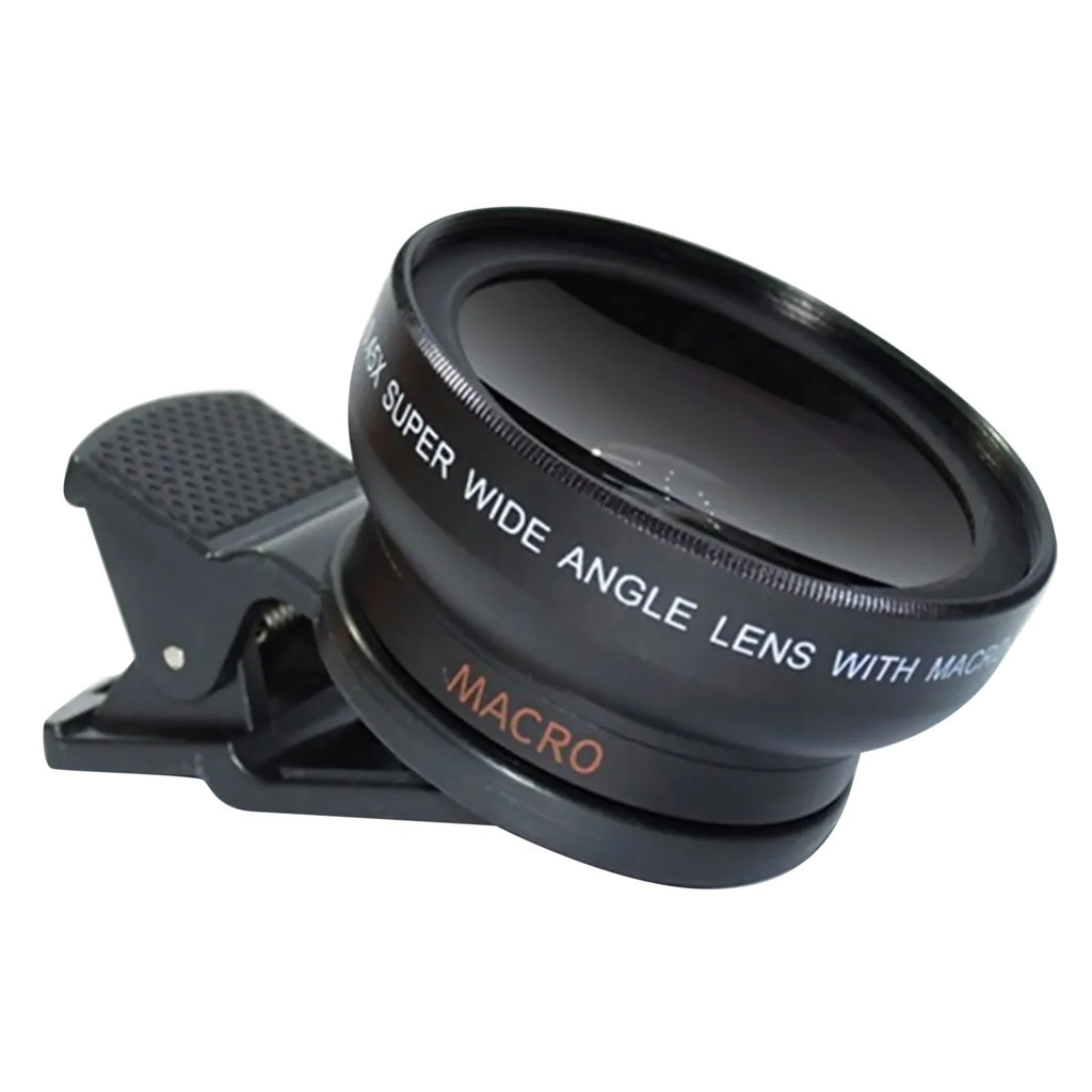 A black clip-on mobile phone lens, showing the glass element and printed markings for wide angle and macro features.