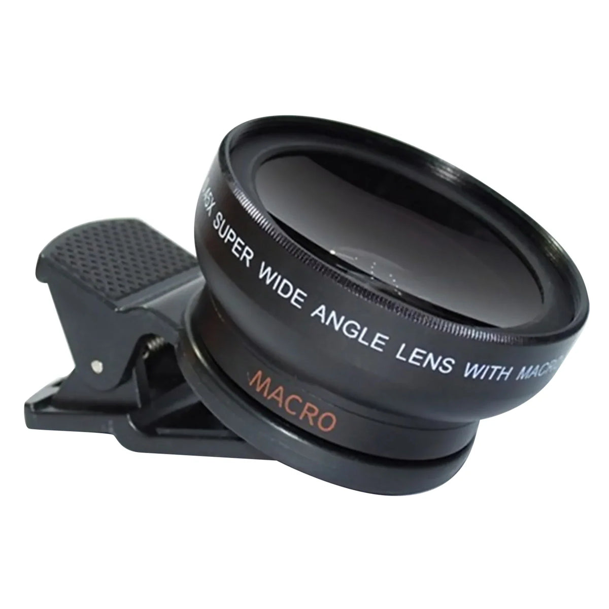 A black clip-on mobile phone lens, showing the glass element and printed markings for wide angle and macro features.