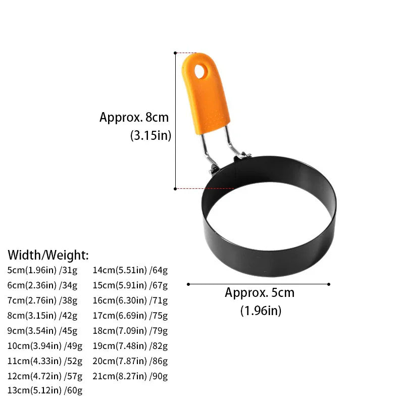 Size chart showing dimensions and weight of a stainless steel egg ring mold