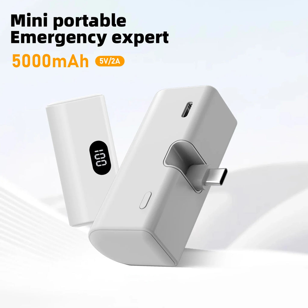 White mini portable power bank with Type-C plug and digital percentage display