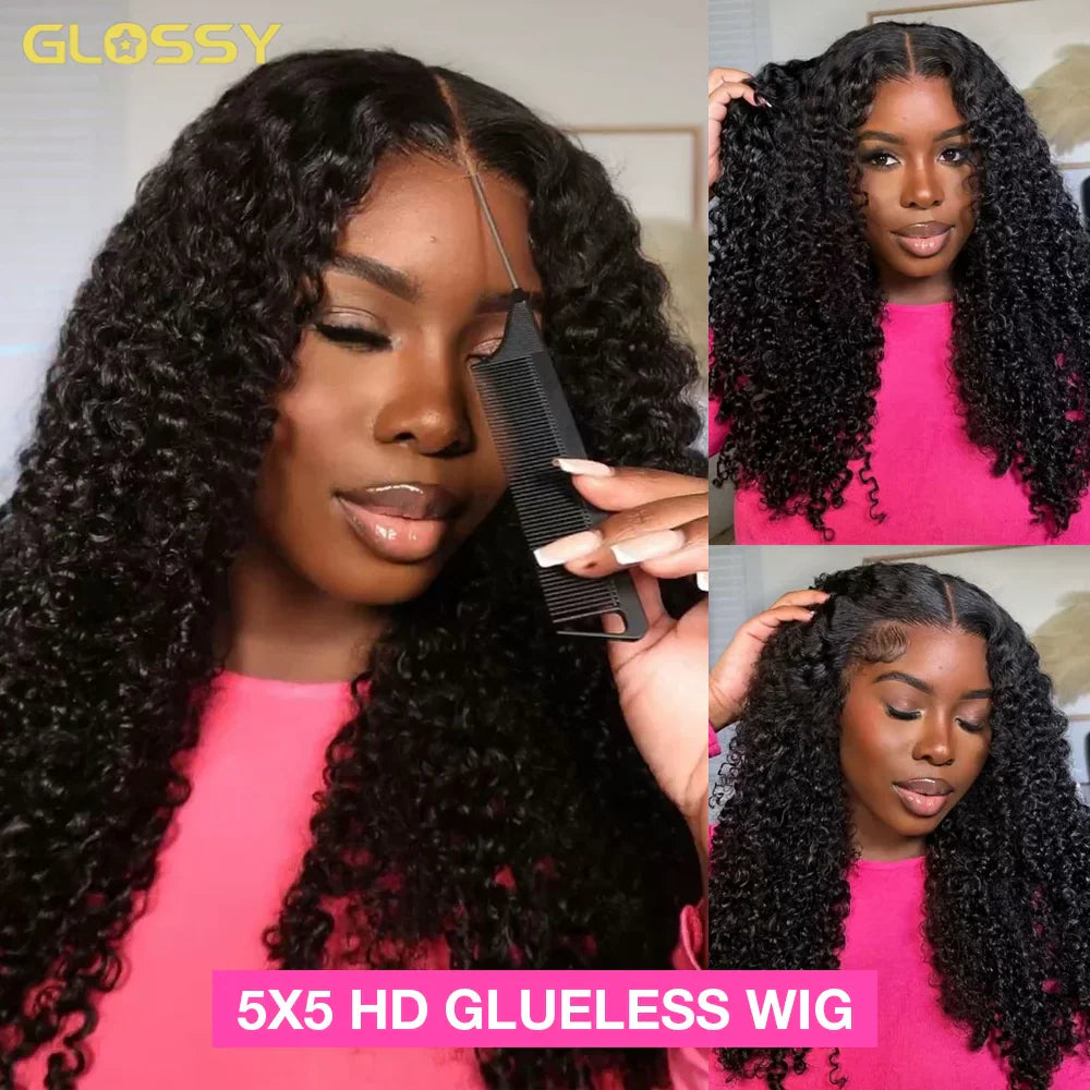 Long black kinky curly lace front wig, showing side profiles and a comb