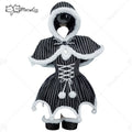 Women's gothic style striped dress and cloak costume with white faux fur trim on a mannequin