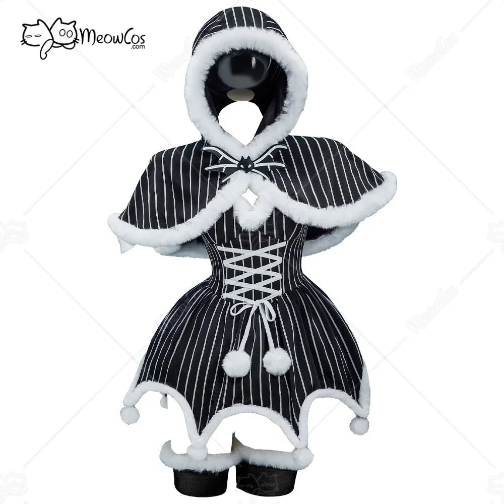 Women's gothic style striped dress and cloak costume with white faux fur trim on a mannequin