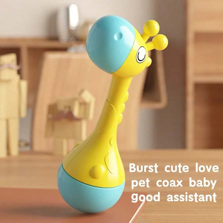 Yellow and blue plastic giraffe baby rattle toy