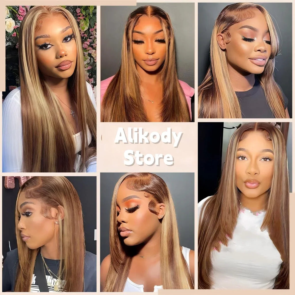 Collection of various styling options for a straight honey blonde highlighted human hair lace front wig