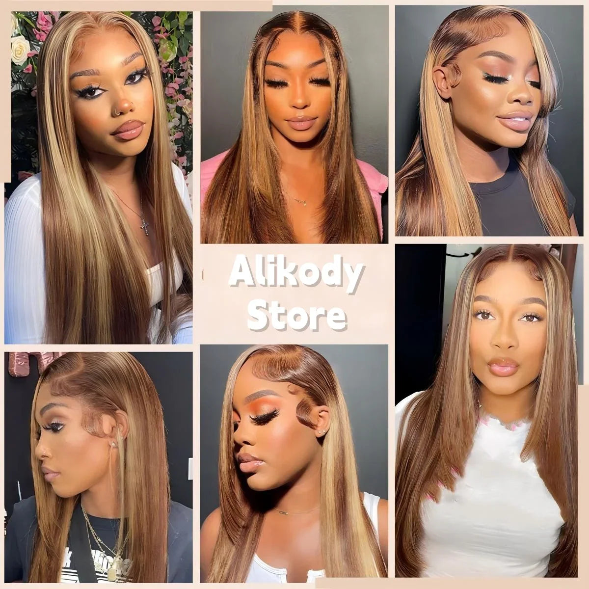 Collection of various styling options for a straight honey blonde highlighted human hair lace front wig