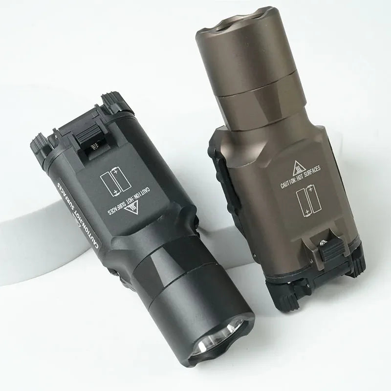 Top down view of black and metallic brown tactical LED flashlights