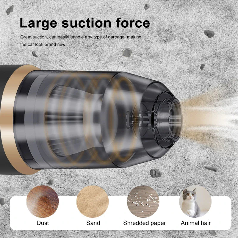 Handheld vacuum cleaner demonstrating suction power on various surfaces like dust, sand, paper, and hair.