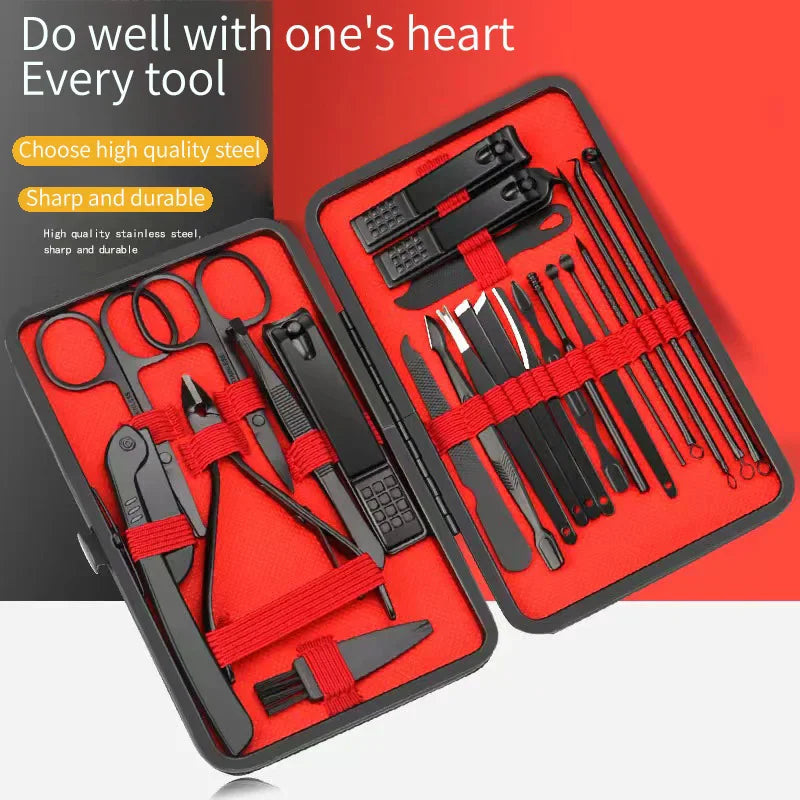 A black stainless steel manicure set including clippers, scissors, and tweezers arranged in a red-lined carrying case.