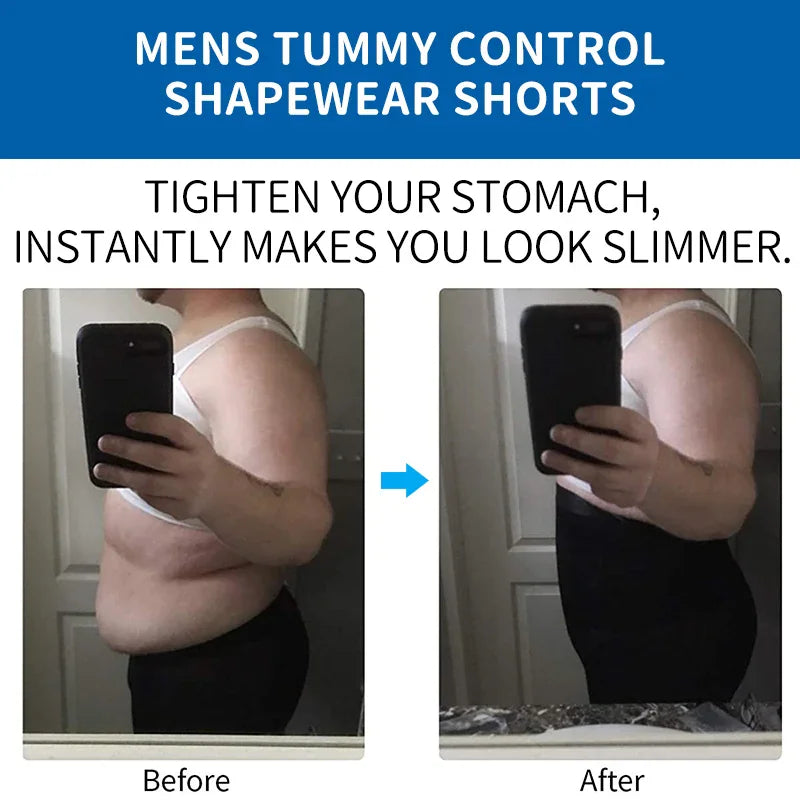 Before and after comparison of men's tummy control shapewear shorts