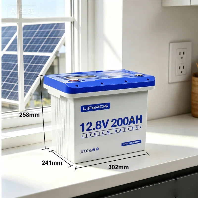 12.8V 200AH lithium battery on a white counter showing physical dimension labels