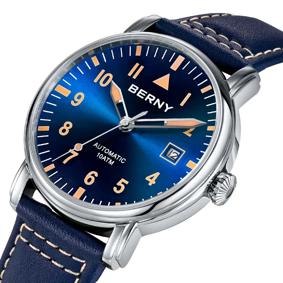 Berny Aviation automatic watch with a round stainless steel case, leather strap, and Arabic numeral dial.