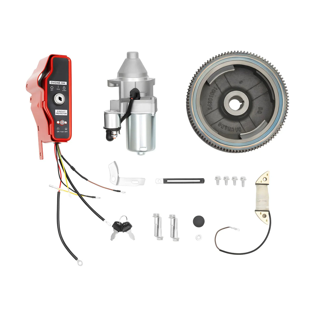 Electric start kit components featuring starter motor, ignition switch, flywheel, and charging coil