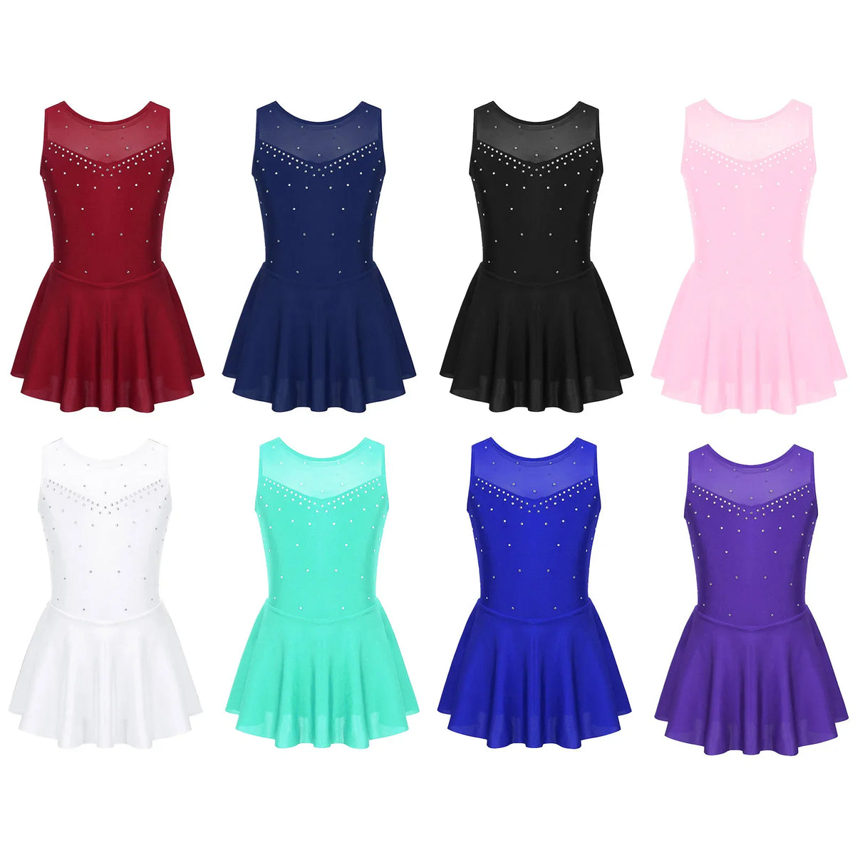 Ballet dance dresses in various colors with skirts and rhinestones