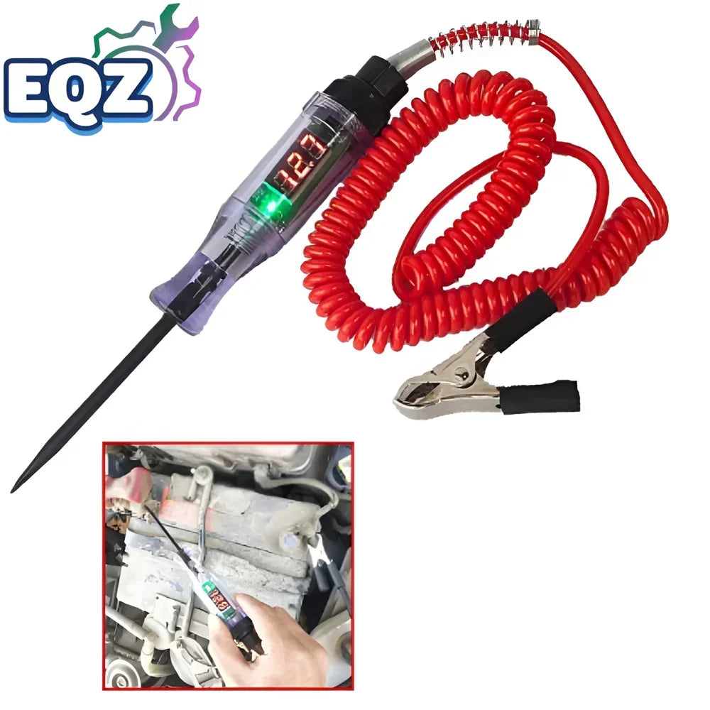 Digital automotive circuit tester voltage probe with red coiled wire and clamp