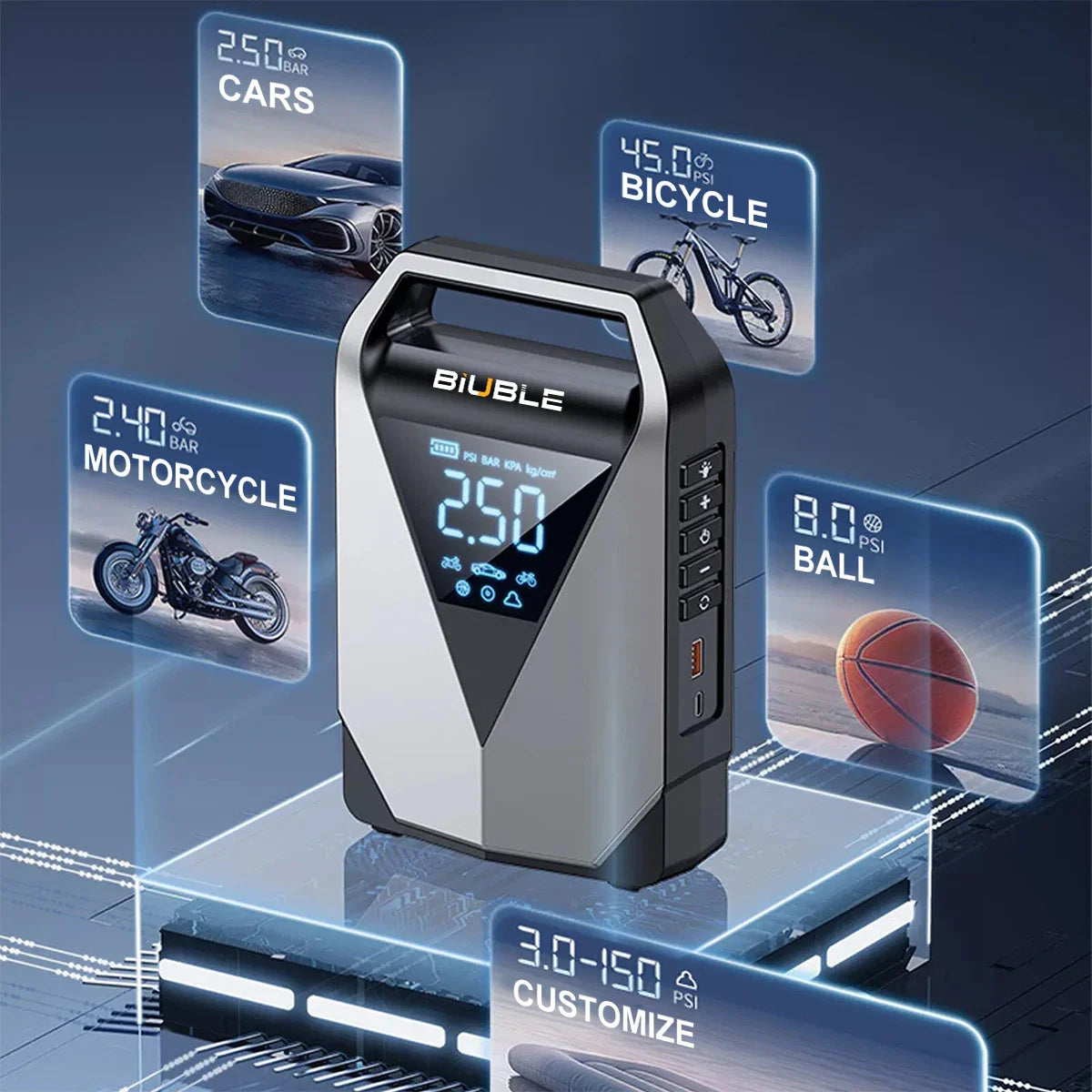 Portable jump starter and air compressor showing different pressure settings for car, bike, motorcycle, and sports ball