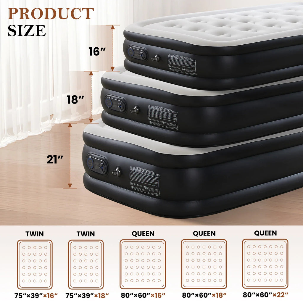 Product size chart showing different heights and dimensions for twin and queen air mattresses.