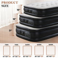 Product size chart showing different heights and dimensions for twin and queen air mattresses.
