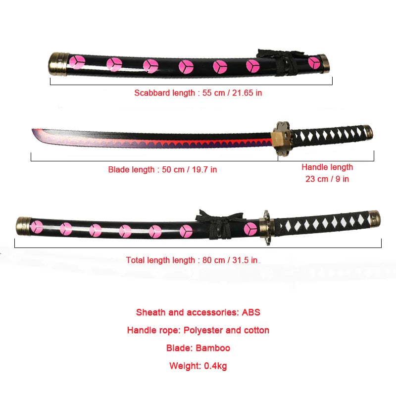 Detailed measurements of an anime katana including scabbard, blade and handle length