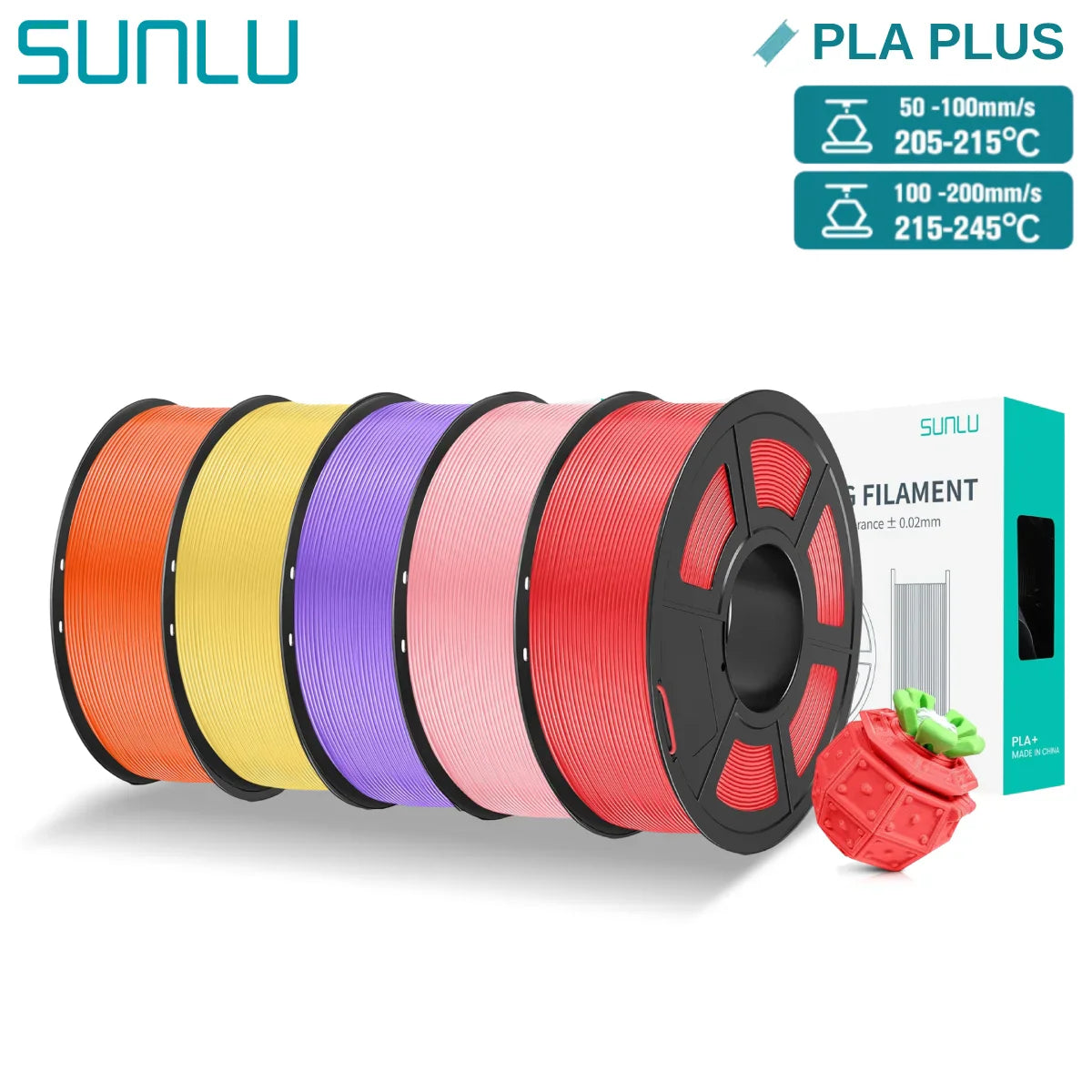 Five spools of multicolored 3D printer filament and a printed plastic toy