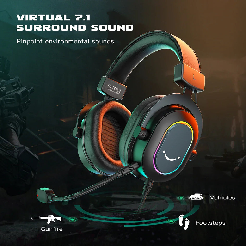 Black wired gaming headset with RGB lighting showing virtual 7.1 surround sound capability