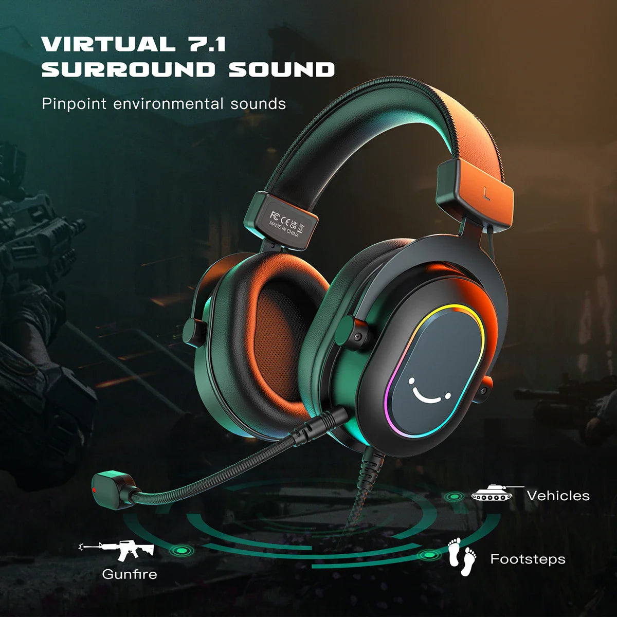 Black wired gaming headset with RGB lighting showing virtual 7.1 surround sound capability