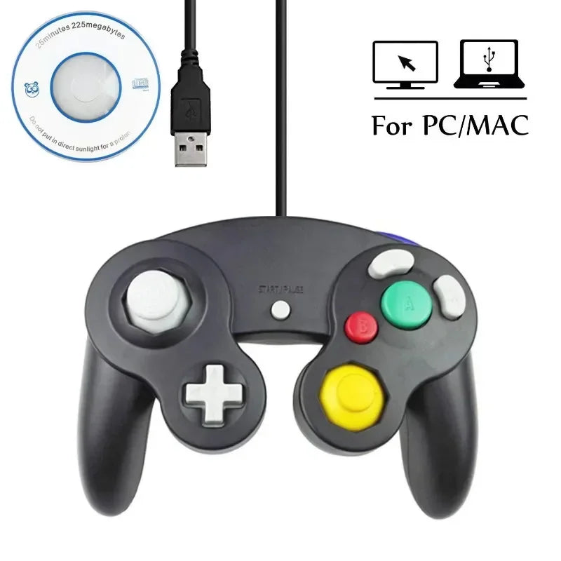 Black wired game controller compatible with PC and Mac, shown with a driver disc.