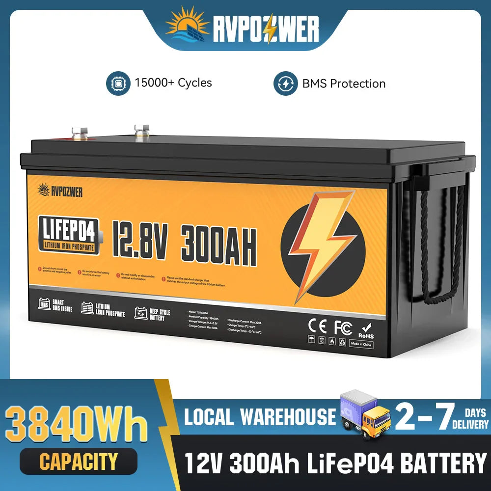 12.8V 300Ah LiFePO4 battery with integrated BMS and high cycle life for deep cycle power storage.