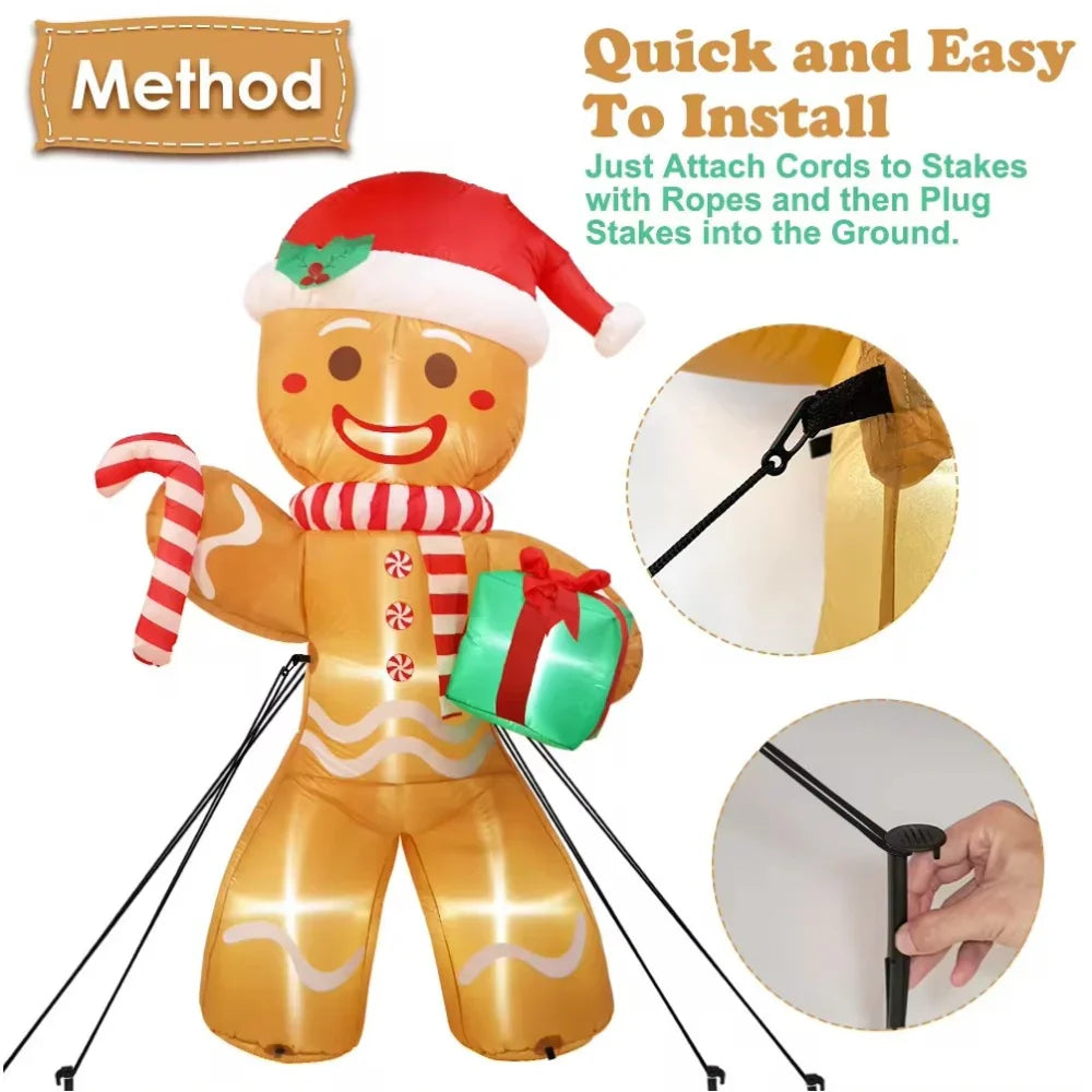 Installation method guide for inflatable Christmas gingerbread man showing stakes and ropes