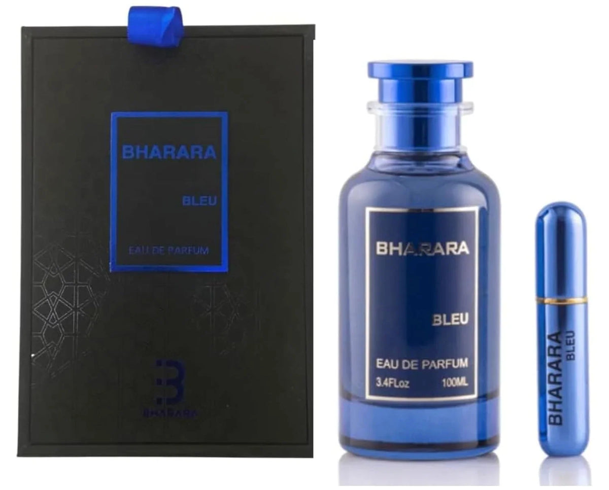 Black display box, blue perfume bottle and travel spray