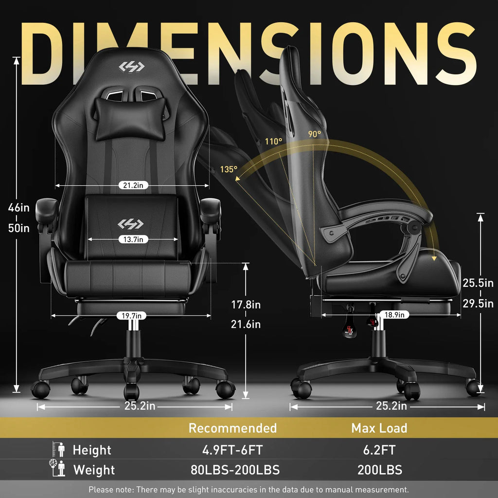 Technical diagram of a black gaming chair showing height, width, and reclining angle dimensions
