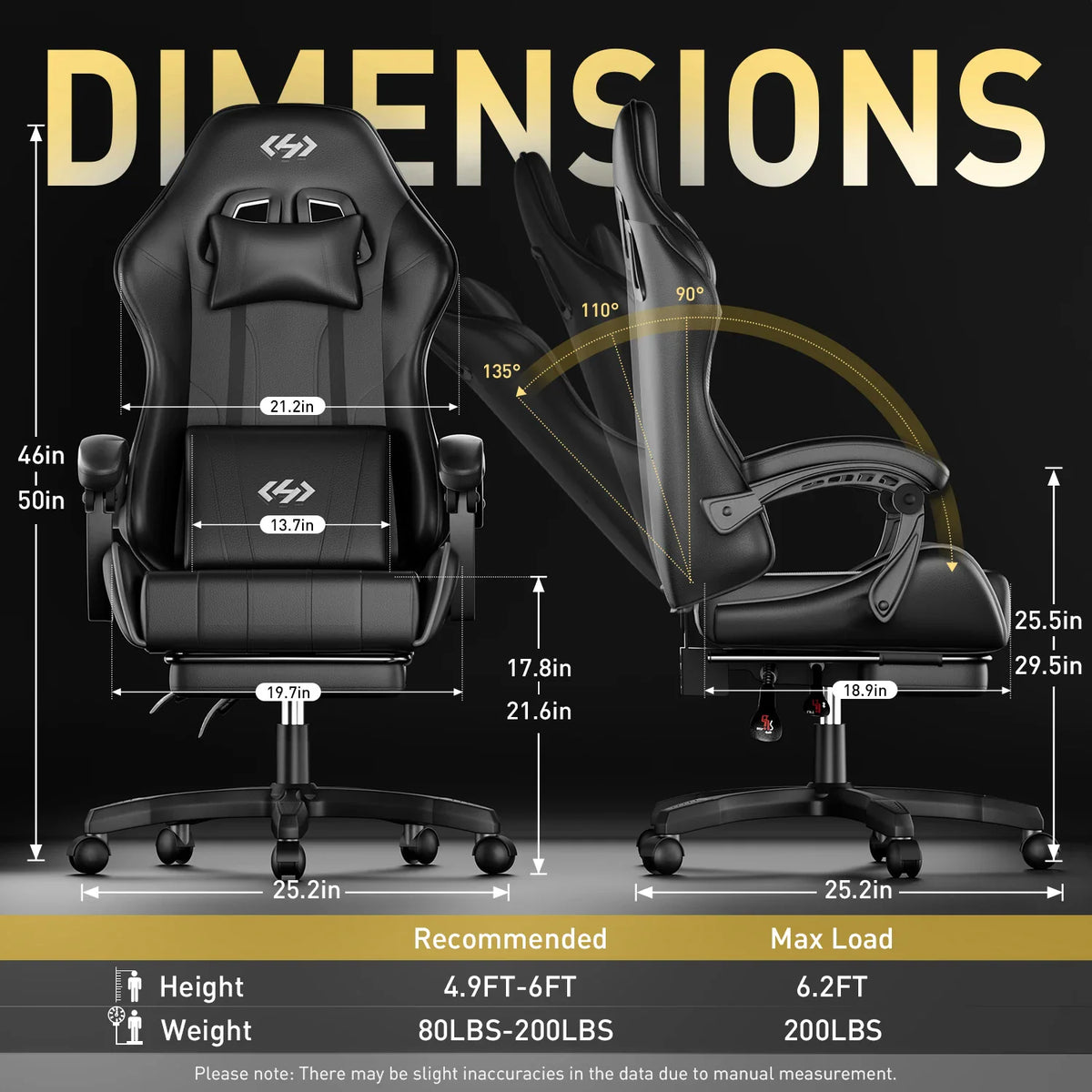 Technical diagram of a black gaming chair showing height, width, and reclining angle dimensions