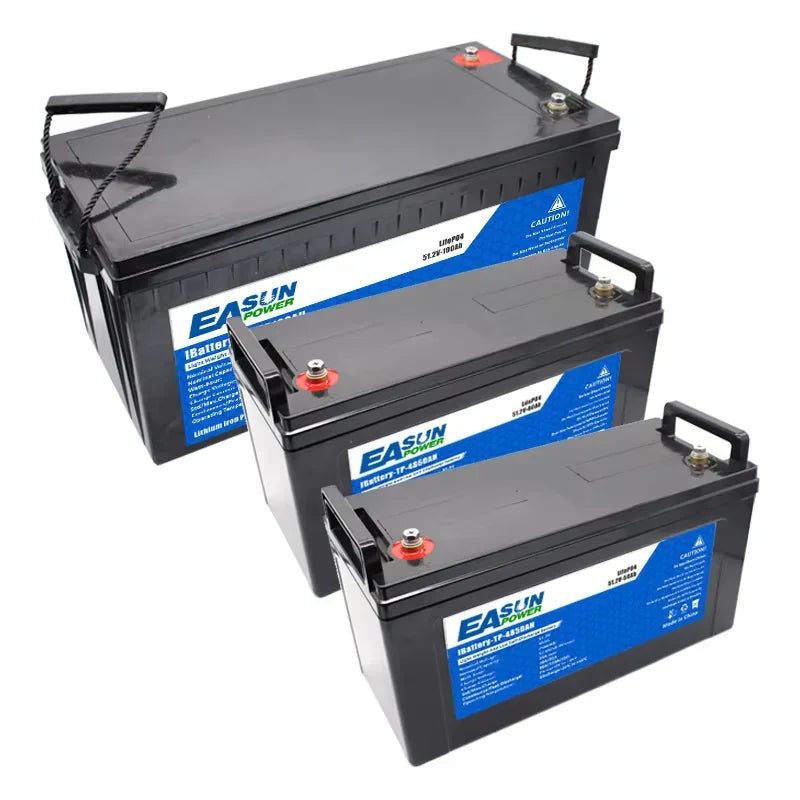Three black LiFePO4 batteries of different sizes