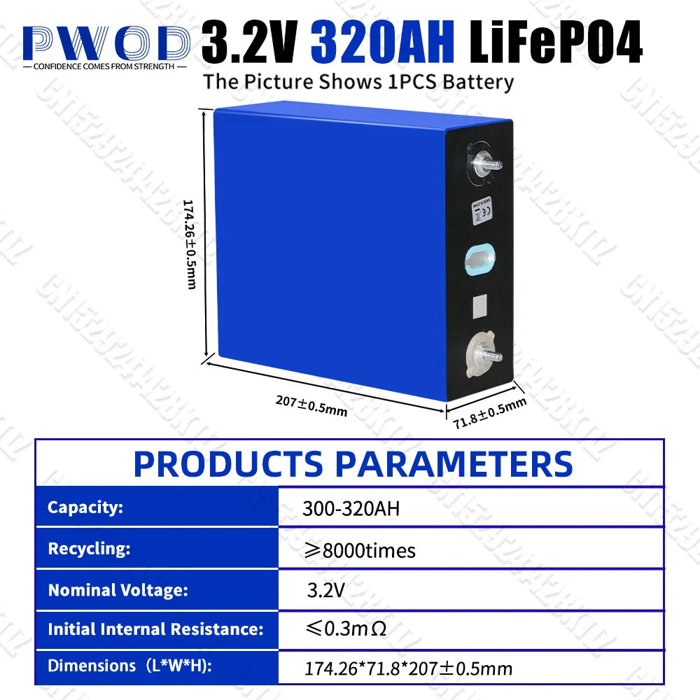 Diagram showing technical dimensions and specifications of 320Ah battery cell