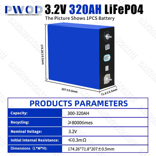 Diagram showing technical dimensions and specifications of 320Ah battery cell