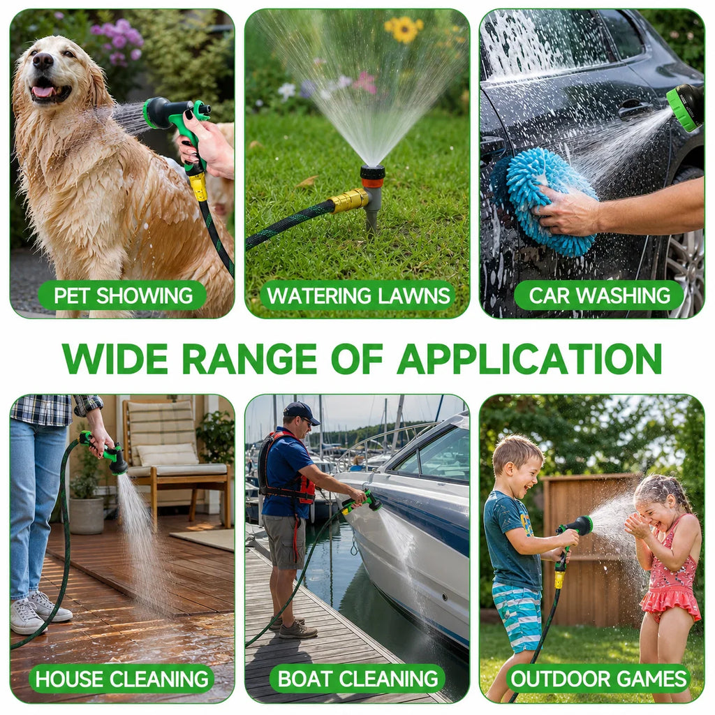 Collage of different garden hose uses like washing a car, watering a lawn, and cleaning a boat