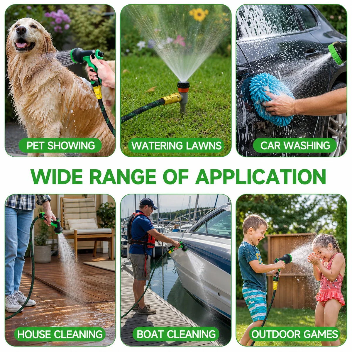 Collage of different garden hose uses like washing a car, watering a lawn, and cleaning a boat