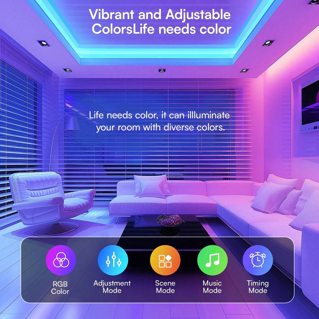 A modern living room interior illuminated with vibrant purple and blue ambient LED strip lighting.