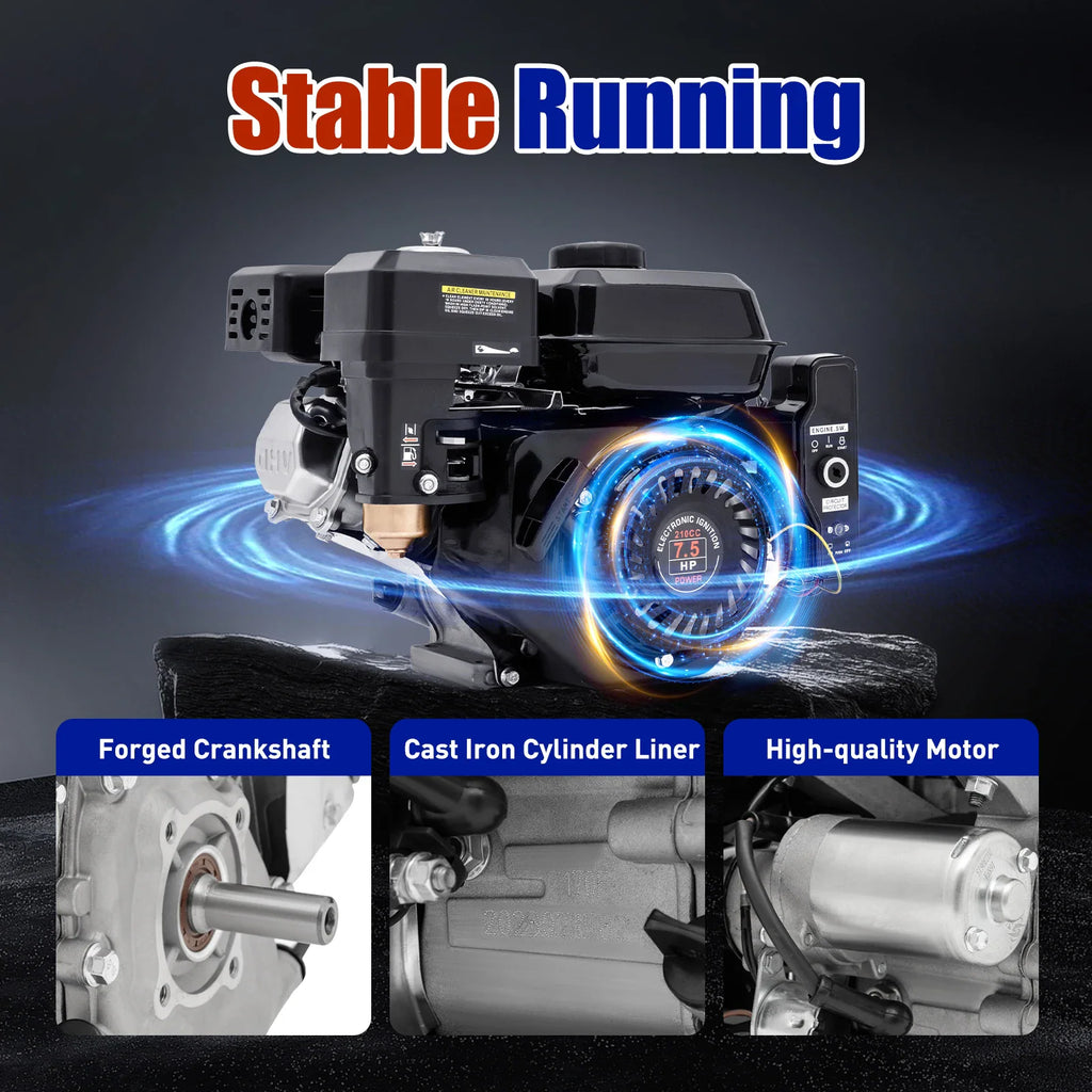 7.5HP 4-stroke 212cc black gasoline engine with component close-ups and text overlay