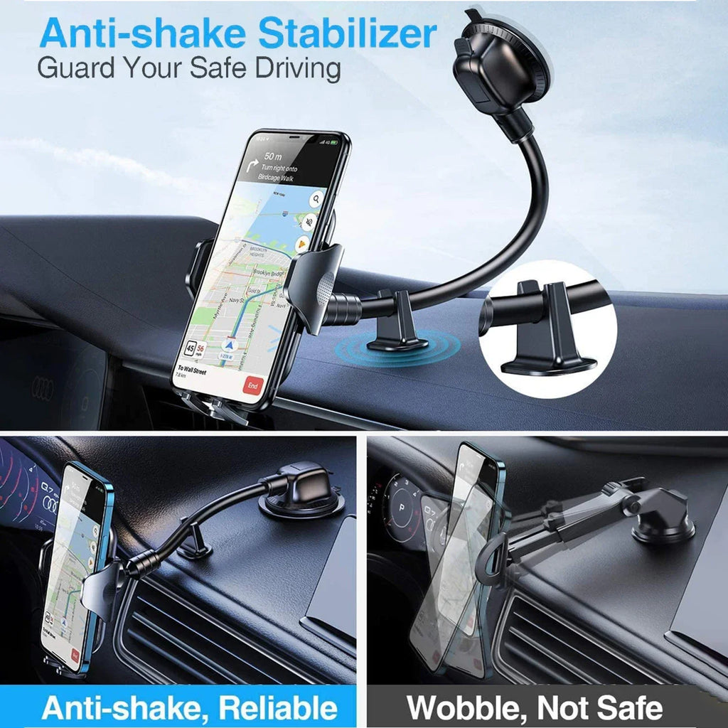 Demonstration of an anti-shake car phone mount stabilizer compared to a standard model.