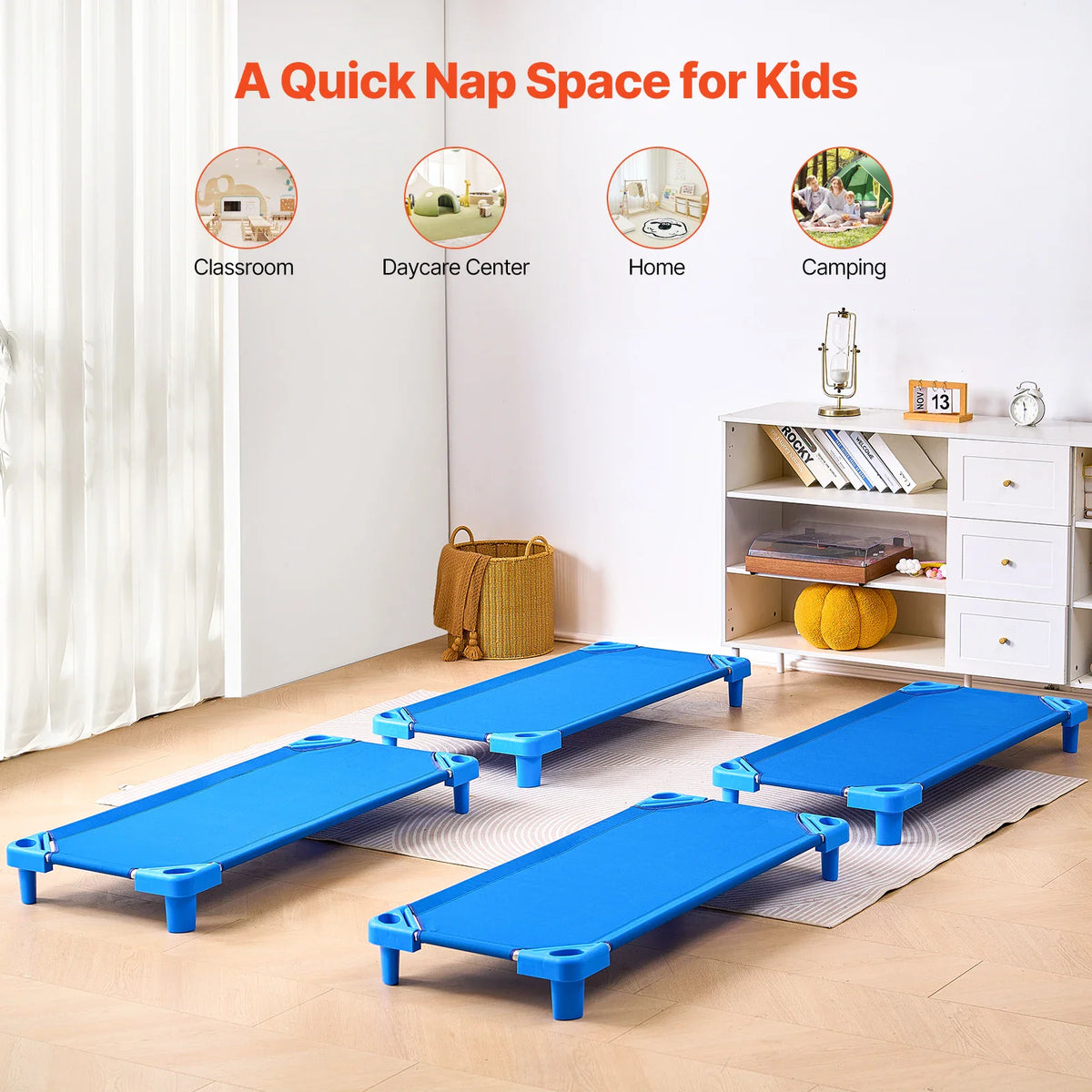 Blue toddler nap cots in a bright room, demonstrating versatile use in different settings